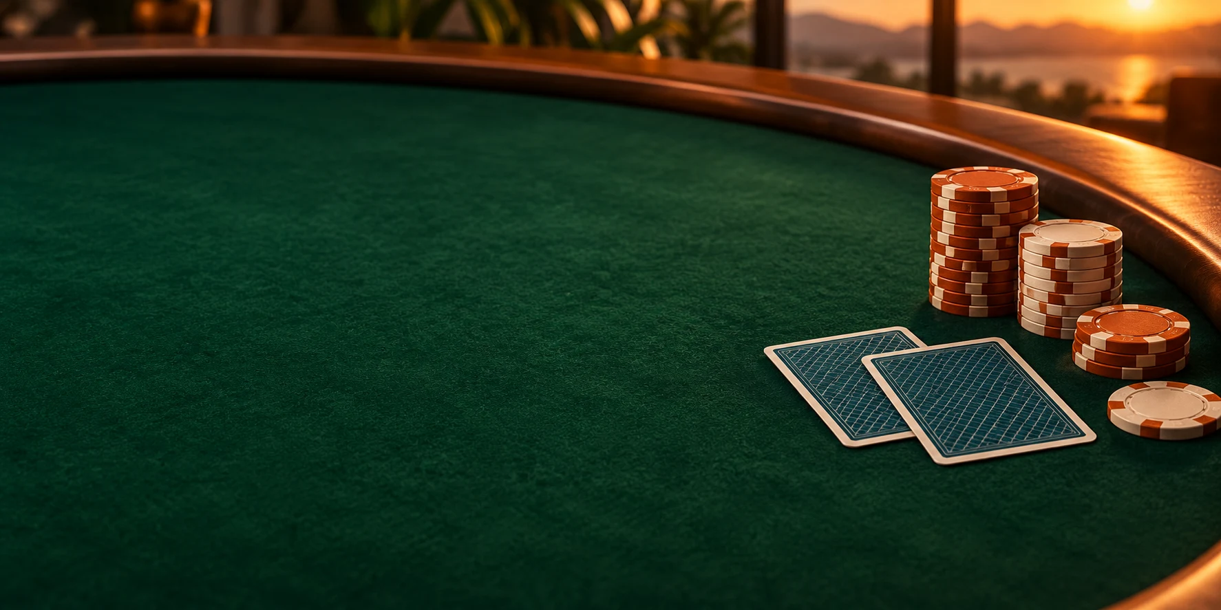 Poker chips and face-down cards beside a quiet playing surface